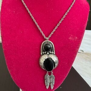 Elegant Silver and Black Pendant Necklace Onyx Feather Necklace